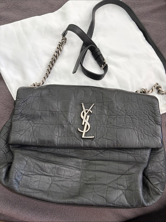Saint Laurent Handbags - Saint Laurent Black Croc-Textured Leather Shoulder Bag with Silver YSL Hardware